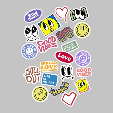 Çıkartma, çizgi film resmi ve estetik alıntılar grafik tasarımı ile süslenmiş şirin vektör şablonu ayarladı