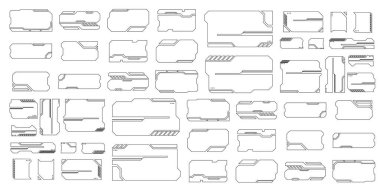 Gelecek arayüzü elementleri. Holografik hud kullanıcı arayüzü elemanları, yüksek teknoloji çubukları ve çerçeveler. Hud arayüz ikonları vektör illüstrasyon seti. dikdörtgen şekil kenarlıkları