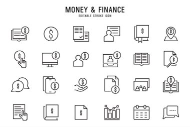 15 iş dünyası finans ikonu. vektör çizgisi para, cüzdan, cüzdan, para, cüzdan, dolar, cüzdan, para simgeleri,