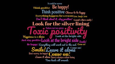 Wordcloud about TOXIC POSITIVITY. typical statements people make however these don't help a person with mental problems.