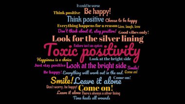 Wordcloud about TOXIC POSITIVITY. typical statements people make however these don't help a person with mental problems. clipart