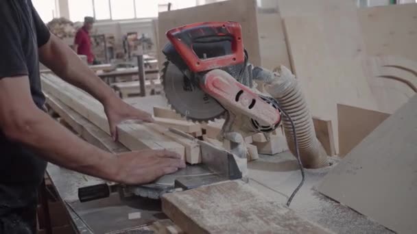 工場労働者は円形ののこぎりで木製の棒を切る おがくずが飛んでる — ストック動画
