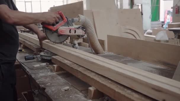 Εργάτης Κόβει Ξύλινες Ράβδους Δισκοπρίονο Πριονίδι Πετάει — Αρχείο Βίντεο