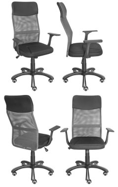 Ofis bilgisayarı koltuğu, ağ sırtlı. Arka plandan izole edilmiş. Farklı taraflardan görünüm