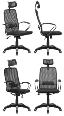 Ofis bilgisayarı koltuğu, ağ sırtlı. Arka plandan izole edilmiş. Farklı taraflardan görünüm