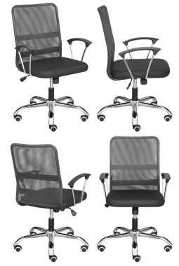 Ofis bilgisayarı koltuğu, ağ sırtlı. Arka plandan izole edilmiş. Farklı taraflardan görünüm