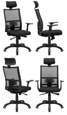 Ofis bilgisayarı koltuğu, ağ sırtlı. Arka plandan izole edilmiş. Farklı taraflardan görünüm