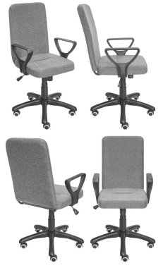 Ofis bilgisayar koltuğu. Arka plandan izole edilmiş. Farklı taraflardan görünüm