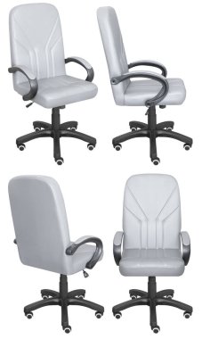 Ofis bilgisayar koltuğu. Arka plandan izole edilmiş. Farklı taraflardan görünüm