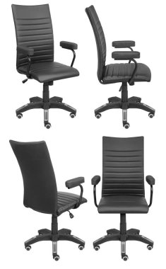 Ofis bilgisayar koltuğu. Arka plandan izole edilmiş. Farklı taraflardan görünüm