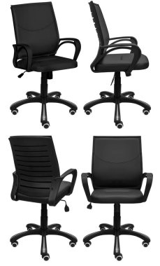 Ofis bilgisayar koltuğu. Arka plandan izole edilmiş. Farklı taraflardan görünüm