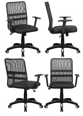 Ofis bilgisayarı koltuğu, ağ sırtlı. Arka plandan izole edilmiş. Farklı taraflardan görünüm