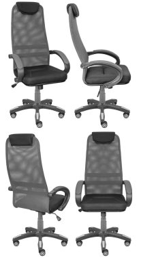 Ofis bilgisayarı koltuğu, ağ sırtlı. Arka plandan izole edilmiş. Farklı taraflardan görünüm