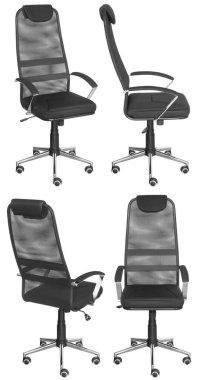 Ofis bilgisayarı koltuğu, ağ sırtlı. Arka plandan izole edilmiş. Farklı taraflardan görünüm