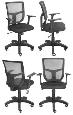 Ofis bilgisayarı koltuğu, ağ sırtlı. Arka plandan izole edilmiş. Farklı taraflardan görünüm