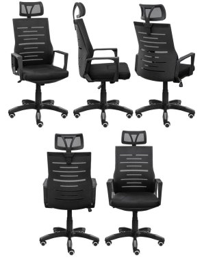 Ofis bilgisayarı koltuğu, ağ sırtlı. Arka plandan izole edilmiş. Farklı taraflardan görünüm