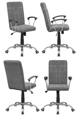 Ofis bilgisayar koltuğu. Arka plandan izole edilmiş. Farklı taraflardan görünüm