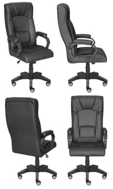 Kafasına ofis bilgisayarı koltuğu. Arka plandan izole edilmiş. Farklı taraflardan görünüm