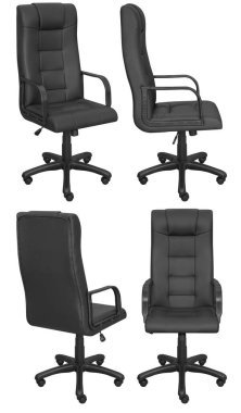 Kafasına ofis bilgisayarı koltuğu. Arka plandan izole edilmiş. Farklı taraflardan görünüm