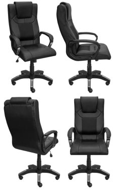 Kafasına ofis bilgisayarı koltuğu. Arka plandan izole edilmiş. Farklı taraflardan görünüm