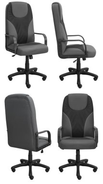 Kafasına ofis bilgisayarı koltuğu. Arka plandan izole edilmiş. Farklı taraflardan görünüm