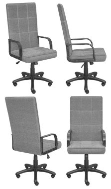 Kafasına ofis bilgisayarı koltuğu. Arka plandan izole edilmiş. Farklı taraflardan görünüm