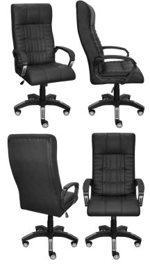 Kafasına ofis bilgisayarı koltuğu. Arka plandan izole edilmiş. Farklı taraflardan görünüm