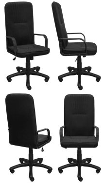 Kafasına ofis bilgisayarı koltuğu. Arka plandan izole edilmiş. Farklı taraflardan görünüm