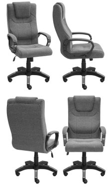 Kafasına ofis bilgisayarı koltuğu. Arka plandan izole edilmiş. Farklı taraflardan görünüm