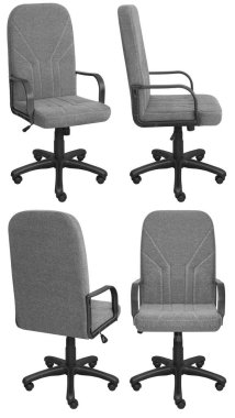 Kafasına ofis bilgisayarı koltuğu. Arka plandan izole edilmiş. Farklı taraflardan görünüm