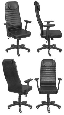 Kafasına ofis bilgisayarı koltuğu. Arka plandan izole edilmiş. Farklı taraflardan görünüm