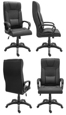 Kafasına ofis bilgisayarı koltuğu. Arka plandan izole edilmiş. Farklı taraflardan görünüm