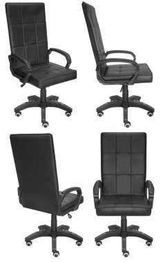 Kafasına ofis bilgisayarı koltuğu. Arka plandan izole edilmiş. Farklı taraflardan görünüm