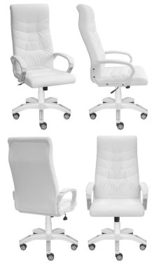 Kafasına ofis bilgisayarı koltuğu. Arka plandan izole edilmiş. Farklı taraflardan görünüm