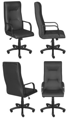 Kafasına ofis bilgisayarı koltuğu. Arka plandan izole edilmiş. Farklı taraflardan görünüm