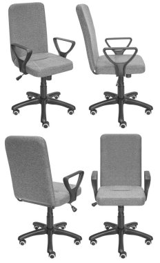 Ofis bilgisayar koltuğu. Arka plandan izole edilmiş. Farklı taraflardan görünüm