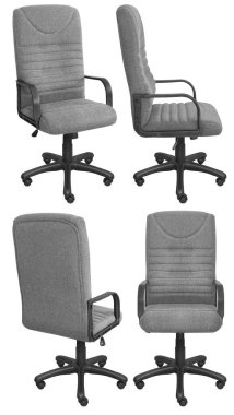 Ofis bilgisayar koltuğu. Arka plandan izole edilmiş. Farklı taraflardan görünüm