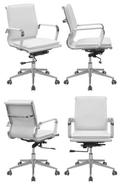 Ofis bilgisayar koltuğu. Arka plandan izole edilmiş. Farklı taraflardan görünüm