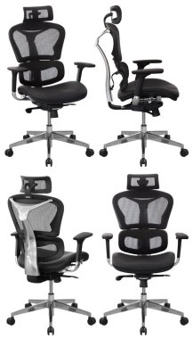 Ofis bilgisayar koltuğu. Arka plandan izole edilmiş. Farklı taraflardan görünüm