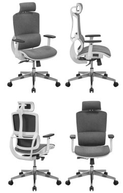 Ofis bilgisayar koltuğu. Arka plandan izole edilmiş. Farklı taraflardan görünüm