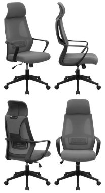 Modern ofis bilgisayar koltuğu. Ağ ile birlikte ve ayarlanabilir. İç mekan. Arka plandan izole edilmiş. Farklı açılardan.