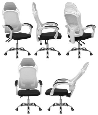 Modern ofis bilgisayar koltuğu. Ağ ile birlikte ve ayarlanabilir. İç mekan. Arka plandan izole edilmiş. Farklı açılardan.