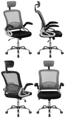 Modern ofis bilgisayar koltuğu. Ağ ile birlikte ve ayarlanabilir. İç mekan. Arka plandan izole edilmiş. Farklı açılardan.