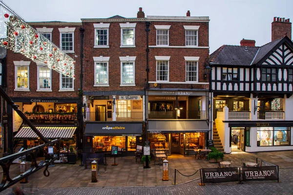 stock image Chester, United Kingdom - November 30th, 2022: Christmas lights decorate old town of Chester