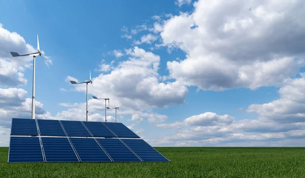Paneles Solares Turbinas Eólicas Campo Verde Concepto Energías Renovables Limpias —  Fotos de Stock