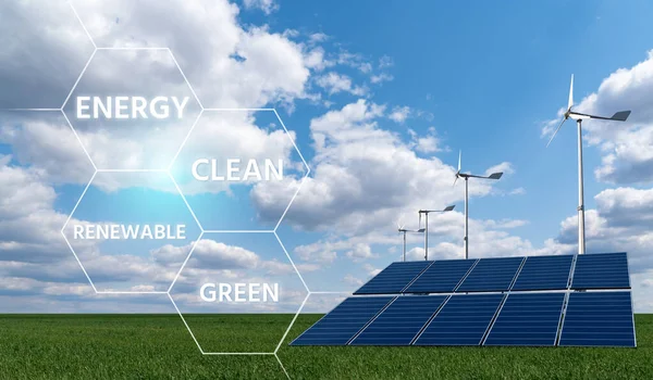 Yeşil Bir Alanda Güneş Panelleri Rüzgar Türbinleri Temiz Yenilenebilir Enerji — Stok fotoğraf