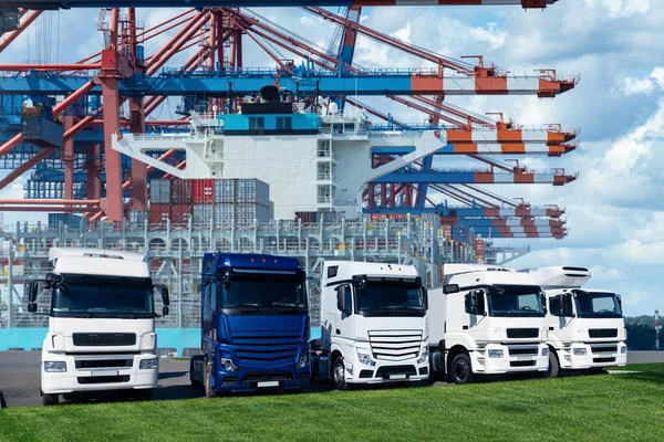 Caminhões Porto Marítimo Internacional Fundo Navio Carregado Com Contêineres Conceito — Fotografia de Stock