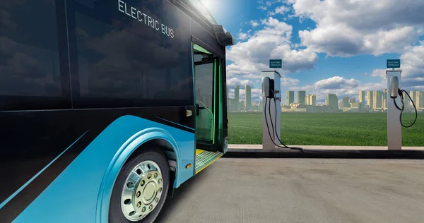 Electric city bus with charging station on a background of cityscape. Green transportation and clean mobility concept