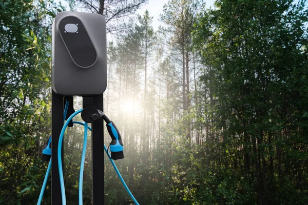 Close Electric Charging Station Background Green Forest — Stock Photo, Image