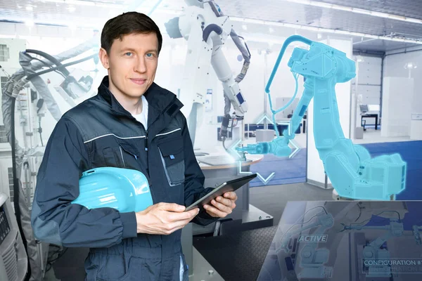 Ingenieur Steuert Roboter Einer Intelligenten Fabrik Mit Einem Digitalen Tablet — Stockfoto